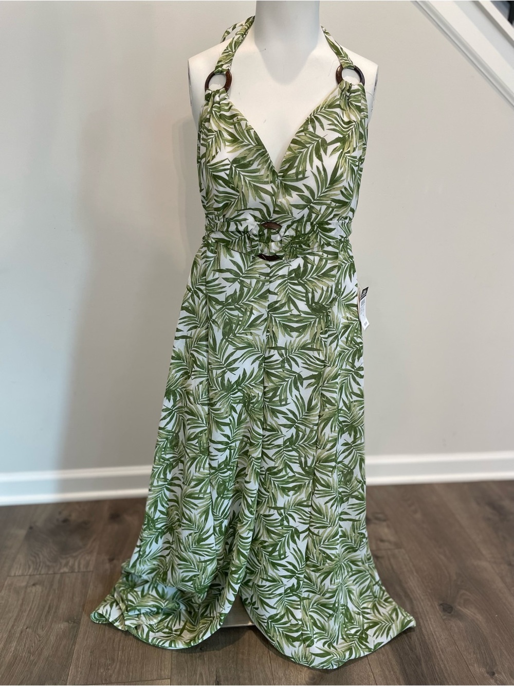 NWT Green Tropical Halter Jumpsuit with Leaf Print